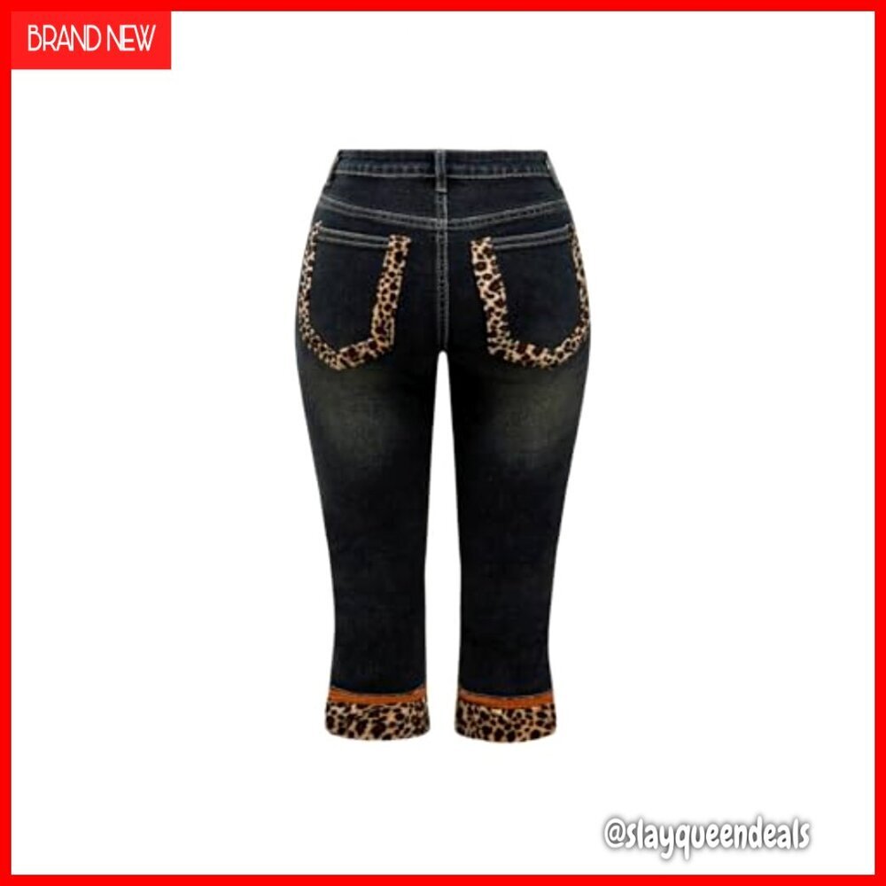 Women's Leopard Faux Fur Skinny Jeans Low Rise Capris Denim Pants - Picture 2 of 4